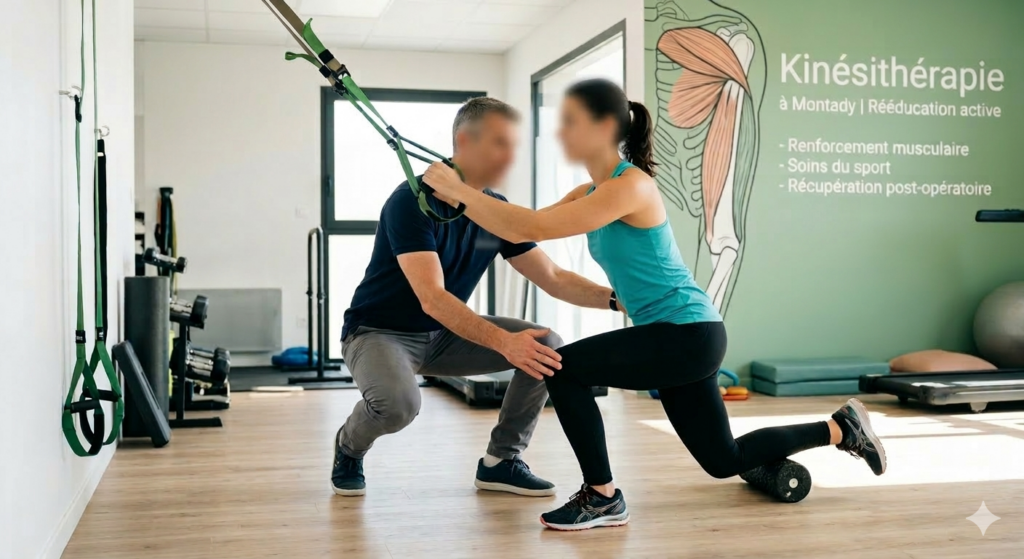 Séance de kinésithérapie à Montady : exercices de rééducation active et renforcement musculaire guidés par le kiné.